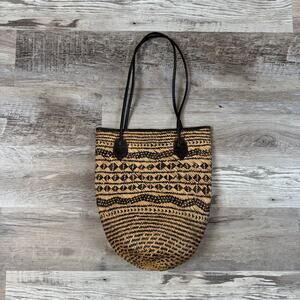 Vintage Woven Straw Tote Bag Leather Straps Boho Coastal Summer